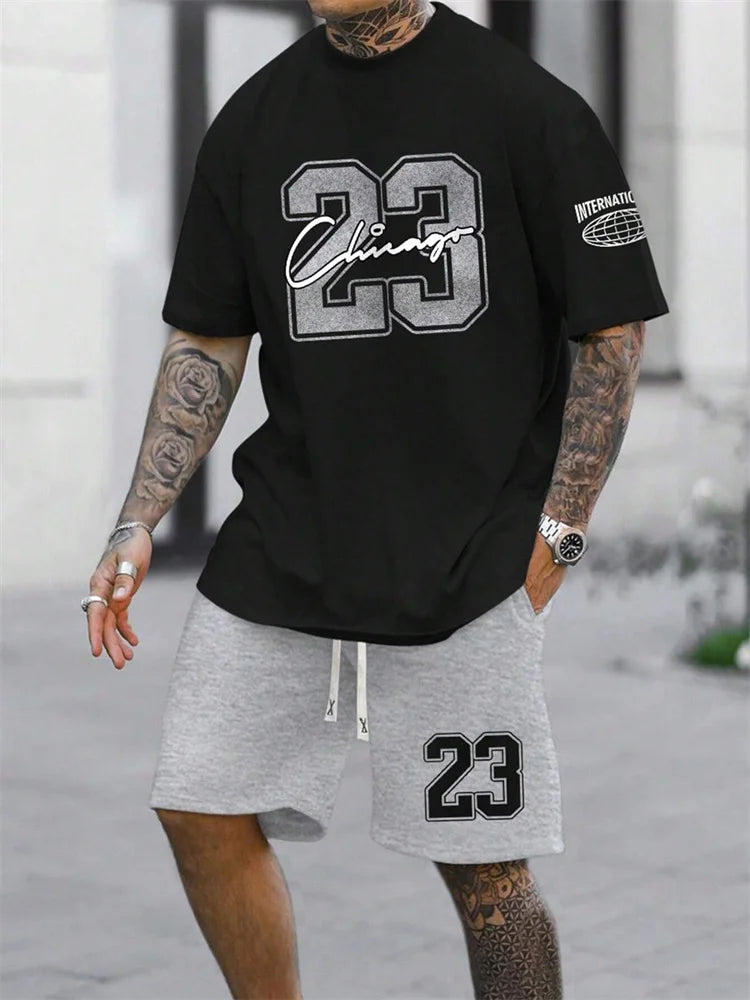 Men's Digital Print Crewneck T-Shirt & Drawstring Shorts Set