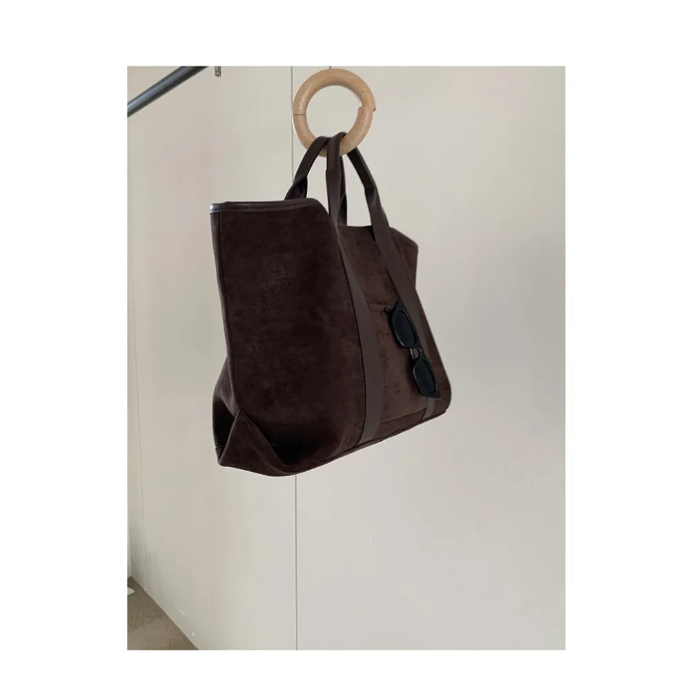 Large Capacity Retro Faux Suede Shoulder Tote Bag – Luxury Commuter Travel Handbag for Women