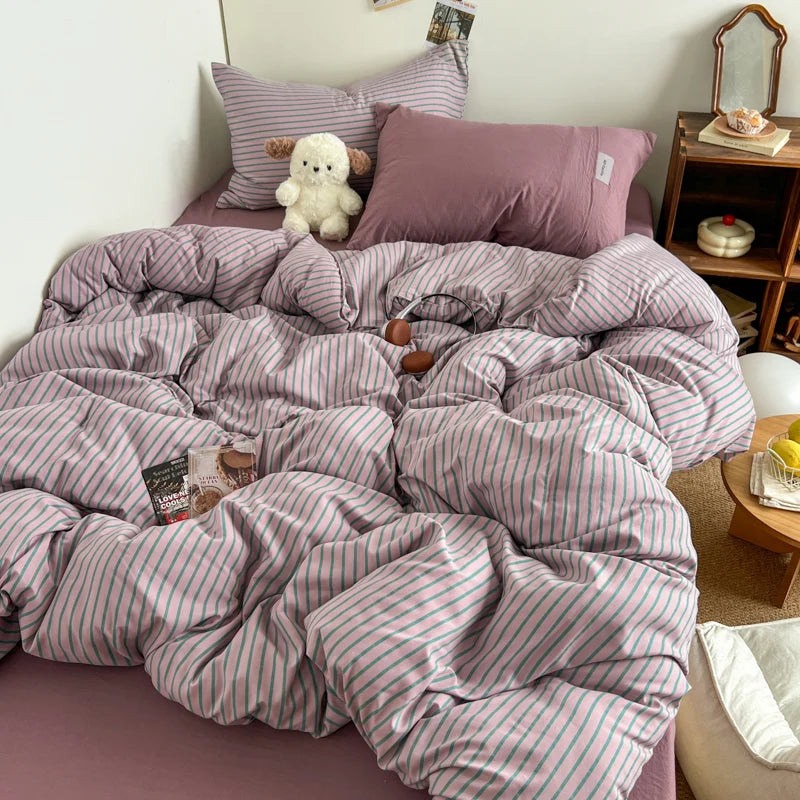 Stripe Print Washed Polyester Bedding Set – 3 or 4-Piece Duvet Cover with Sheet & Pillowcases, 6 Colors