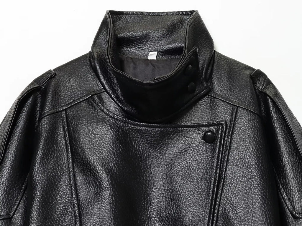TFMLN Chic Black Faux Leather Jackets Women Long Sleeve Buttons Elastic Oversized Coats Fashion 2025 Autumn Winter Streetwear