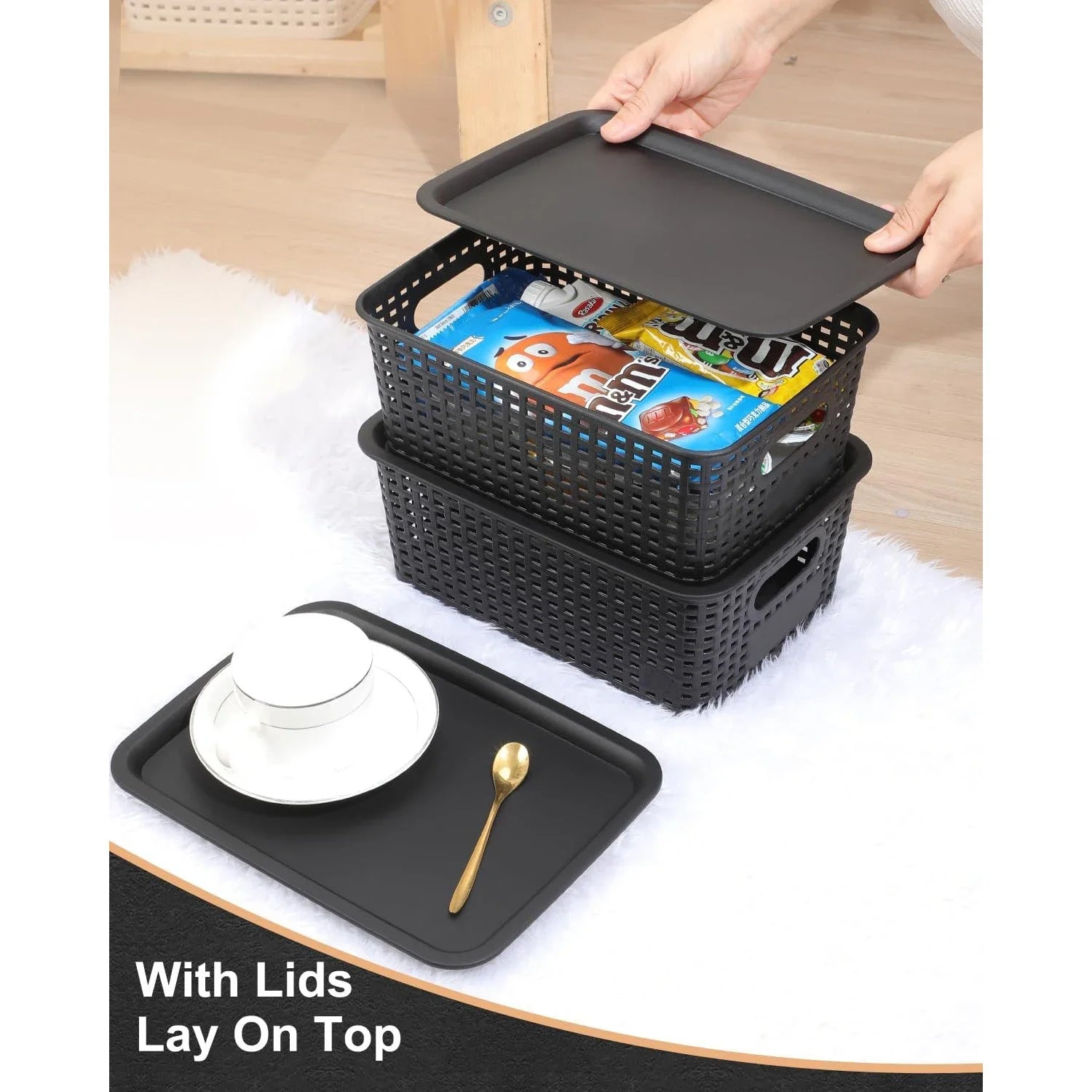 6-Pack Plastic Woven Storage Organizer Baskets — Kitchen & Sundry Boxes