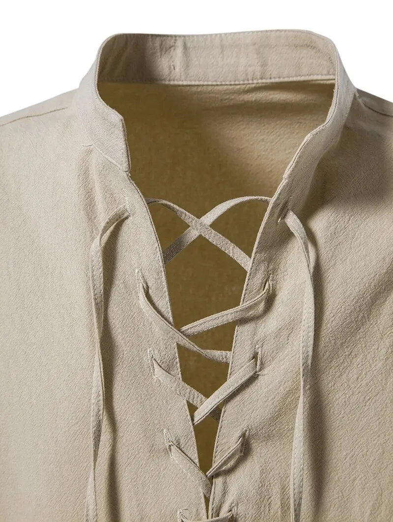 Men's Cotton Linen Drawstring Long Sleeve Shirt — Vintage Casual US Size Top