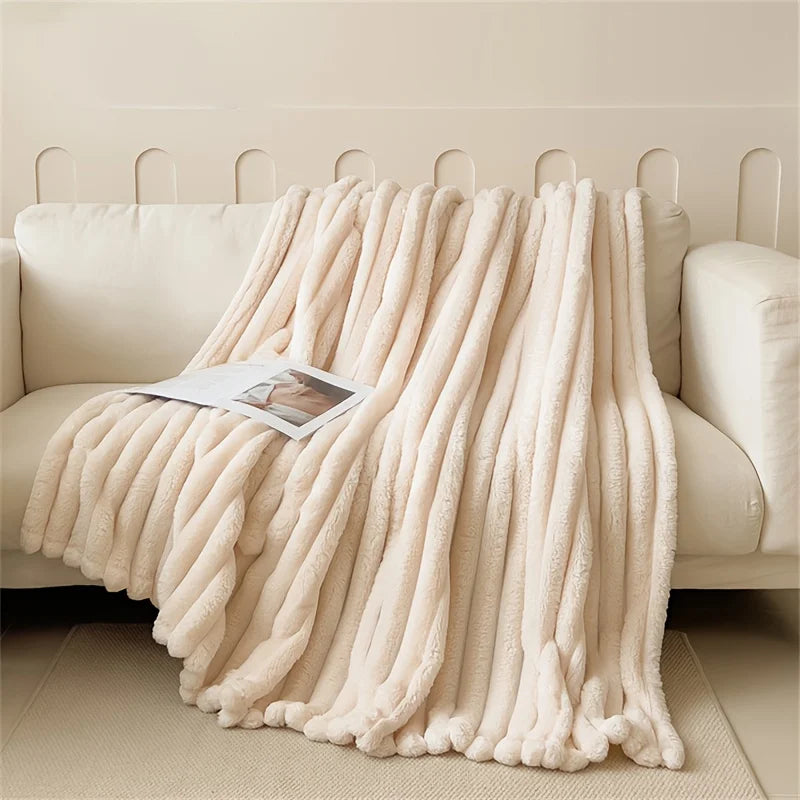 Thickened Wide Stripe Plush Flannel Multifunctional Blanket – Bed Sheet, Sofa & Nap Cover, 7 Colors & 5 Sizes