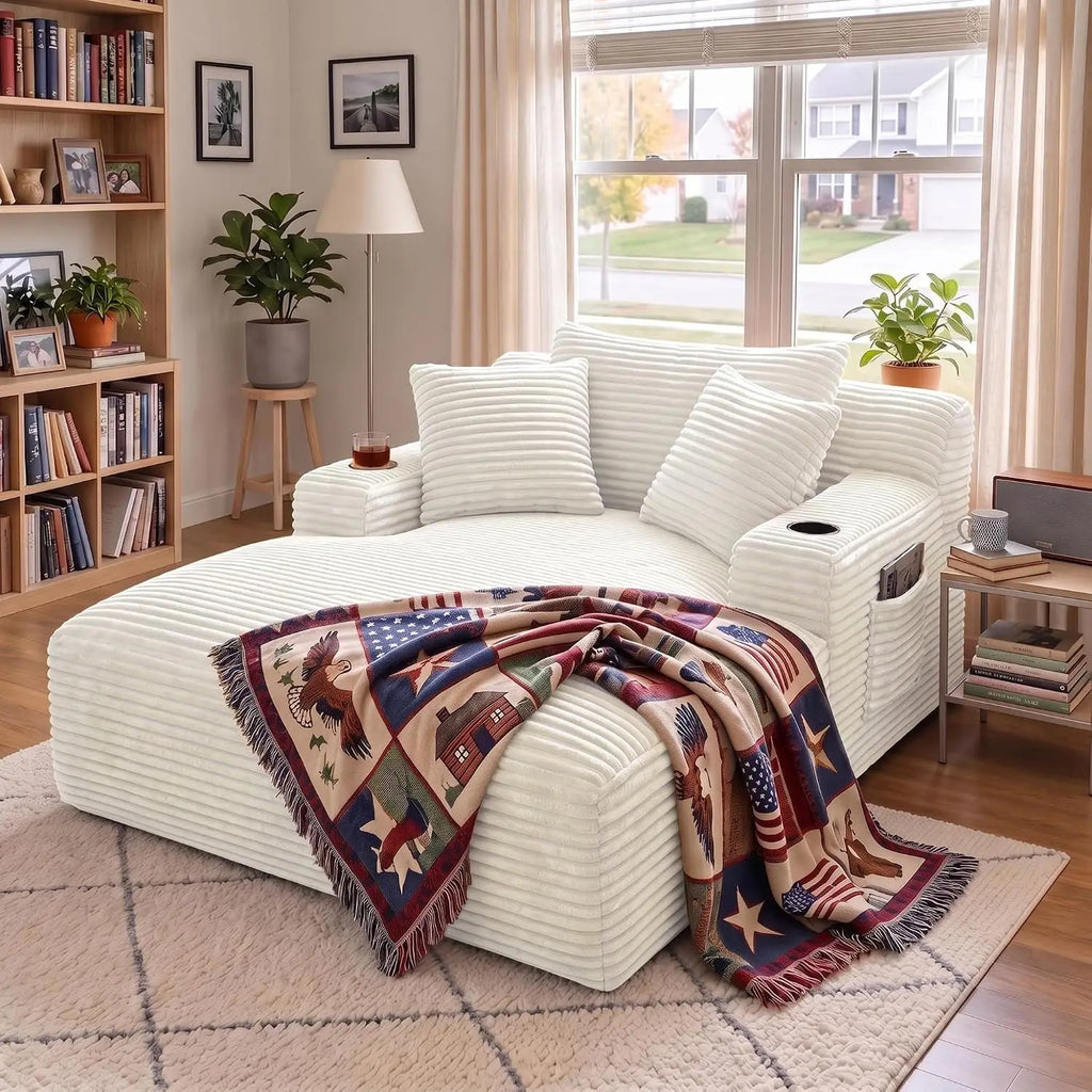 66-Inch Corduroy Chaise Lounge with 3 Pillows