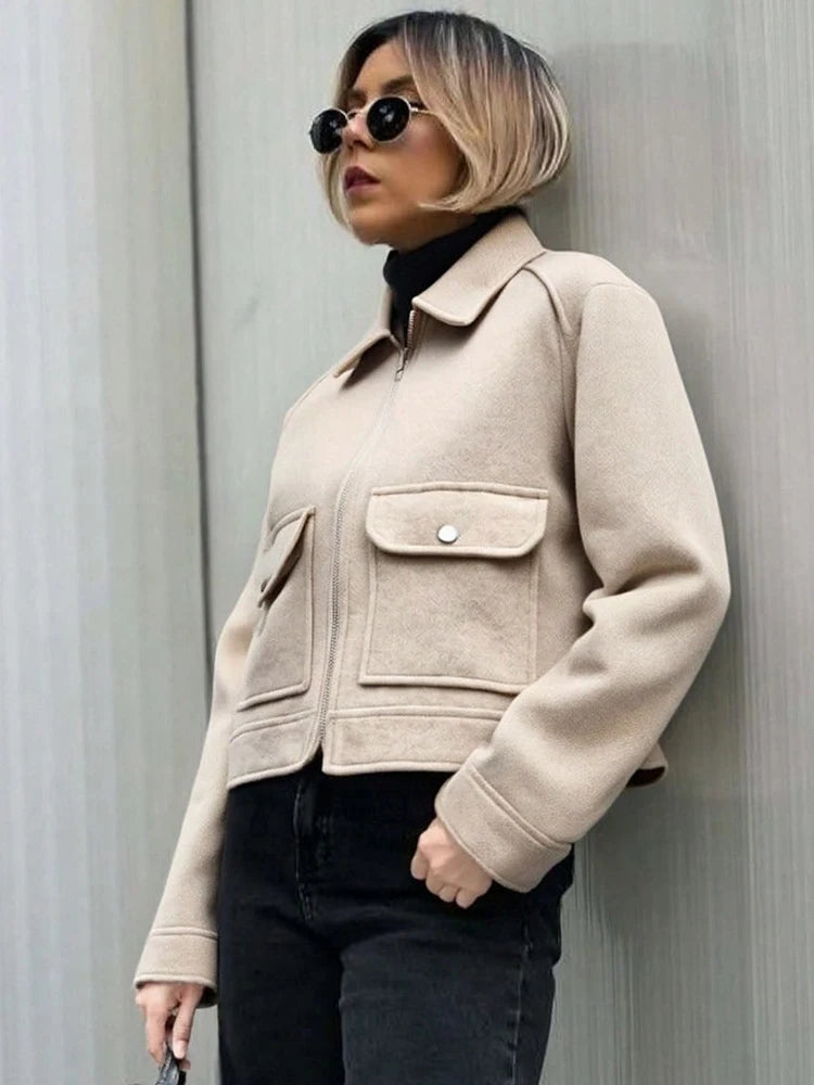 Women's Short Zip-Up Jacket Coat – Elegant Street Outerwear with Pockets