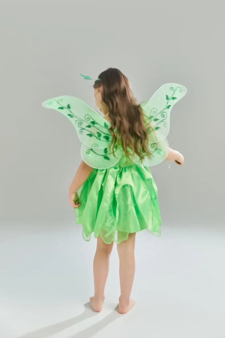 Tinkerbell Fairy Princess Dress — Green Elf Costume with Wings for Girls
