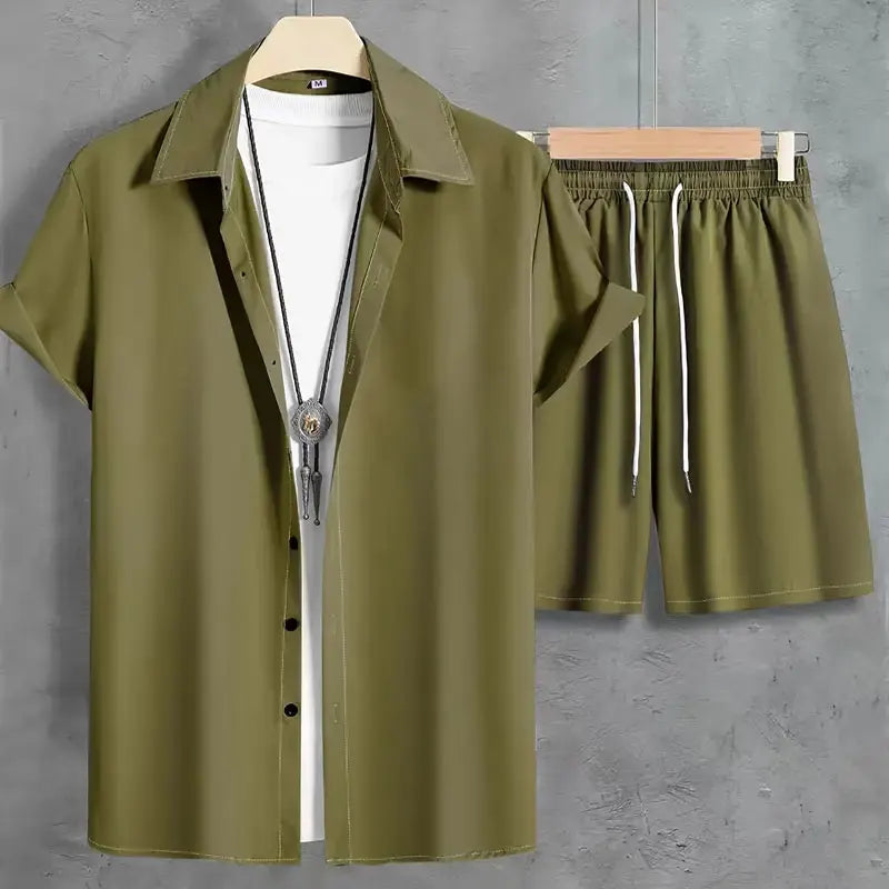 Men's Solid Color Button-Down Shirt & Drawstring Shorts Set – Hawaiian Beach 2-Piece