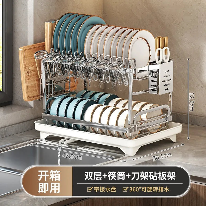 Multifunctional Stainless Steel Dish Drain Rack with Knife Holder – Countertop Bowl, Dish & Sink Organizer
