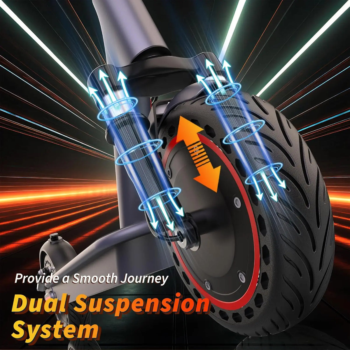 Close-up of electric scooter dual suspension system and front tire.