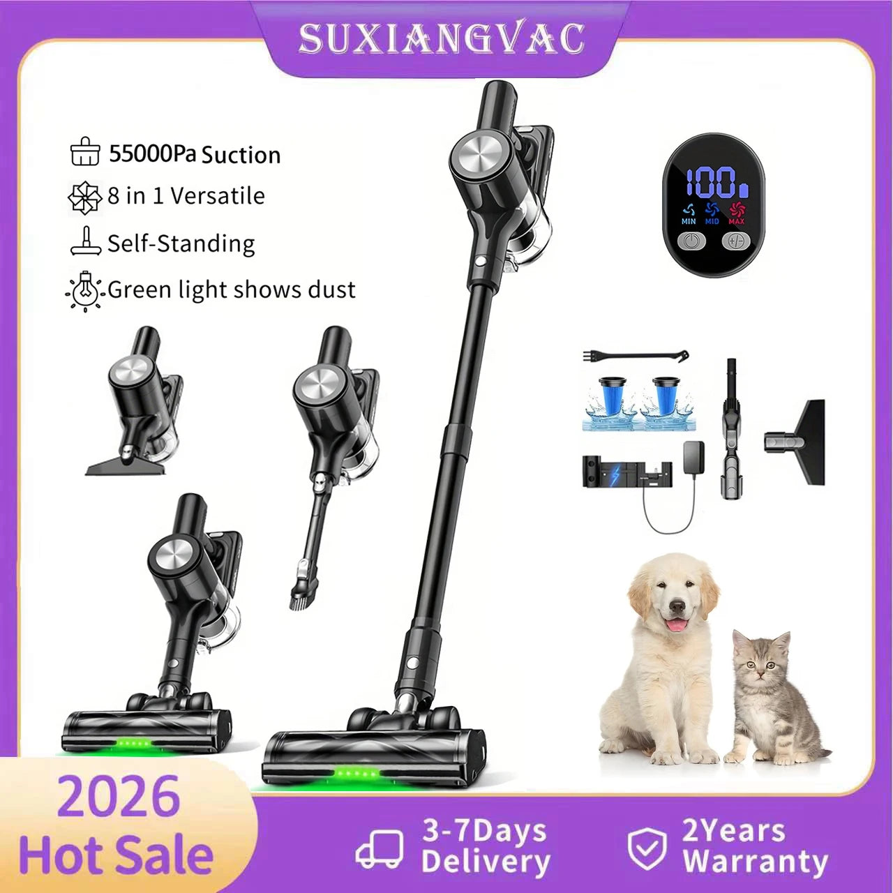 SUXIANGVAC Cordless Stick Vacuum Cleaner — 500W 55Kpa, 55-Min Runtime, Anti-Tangle, HEPA, Self-Standing