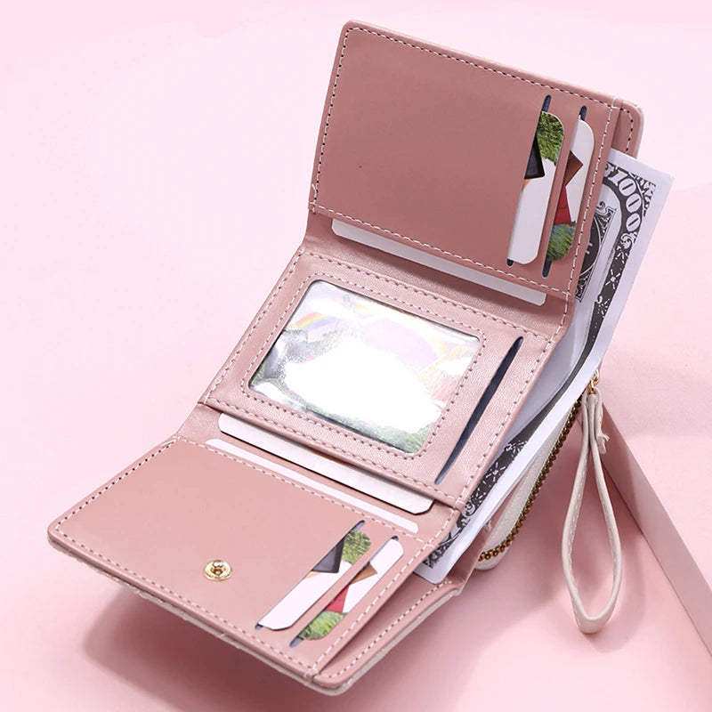 Women's Tri-Fold Wallet – Embroidered Love Pattern, Multi-Slot Card Holder