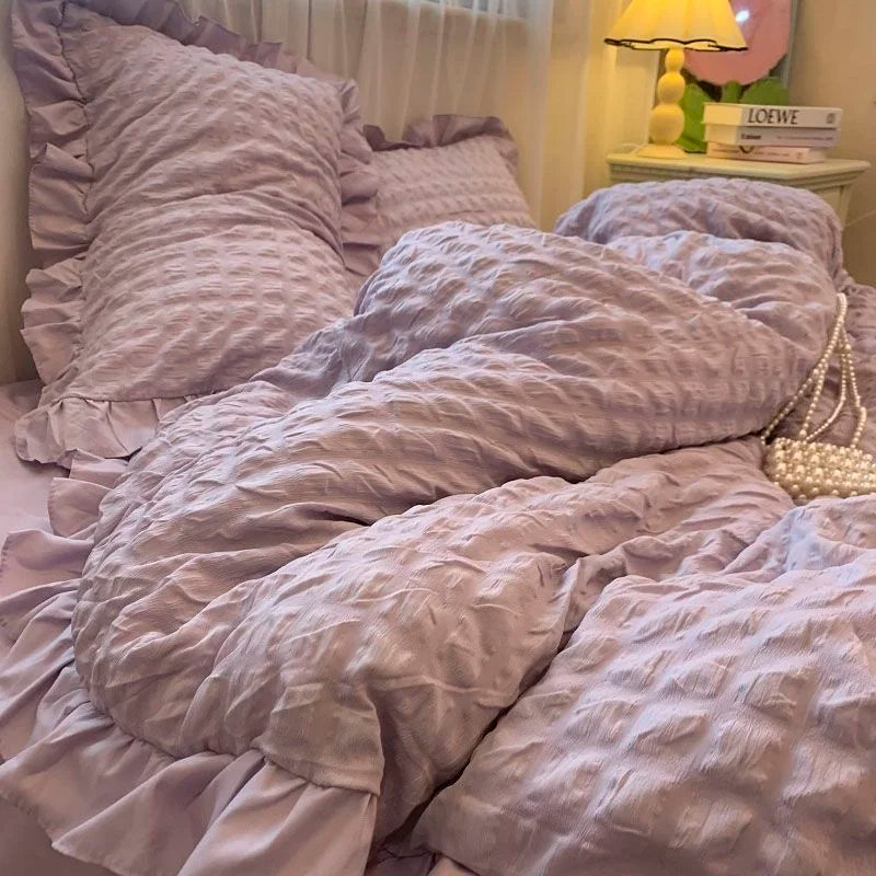 Girls Blue Seersucker Ruffle Bedding Set – Kawaii Soft Duvet Cover with Pillow Cases