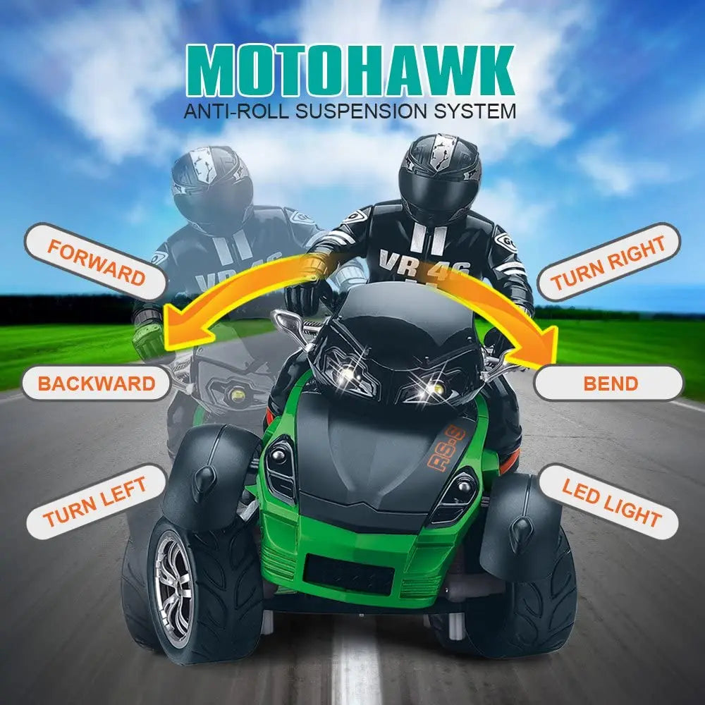 1:10 Scale Vehicle 2.4GHz High Speed Three Wheel RC MotoHawk Motorcycle Toys ATV Road Racer with LED Headlights Toy Gift for Kid