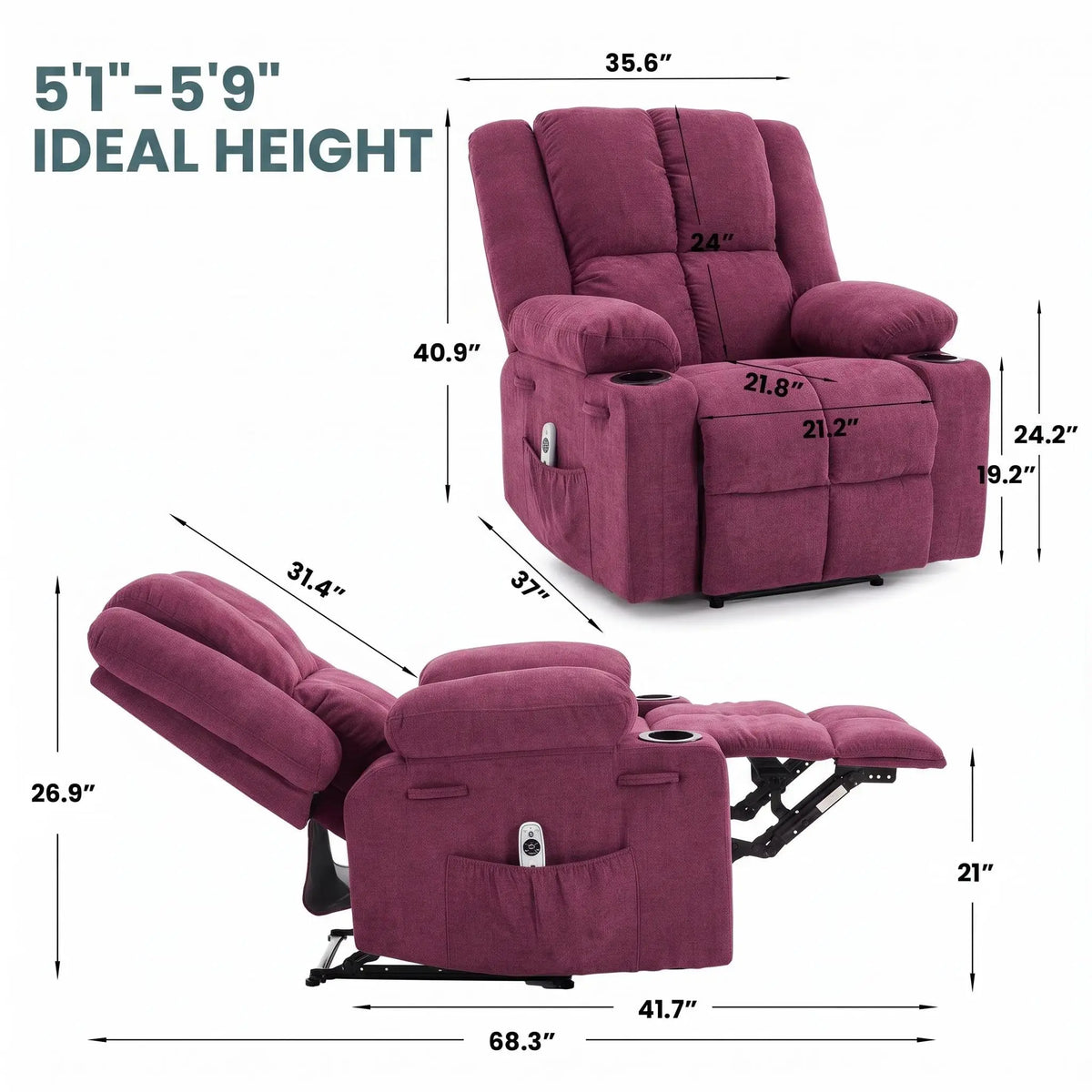 Massage Recliner Chair with Heat – 155° Manual Recline