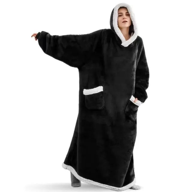 Super Long Flannel Blanket Hoodie – 180cm Oversized Fleece Sweatshirt with Sleeves for Women & Men