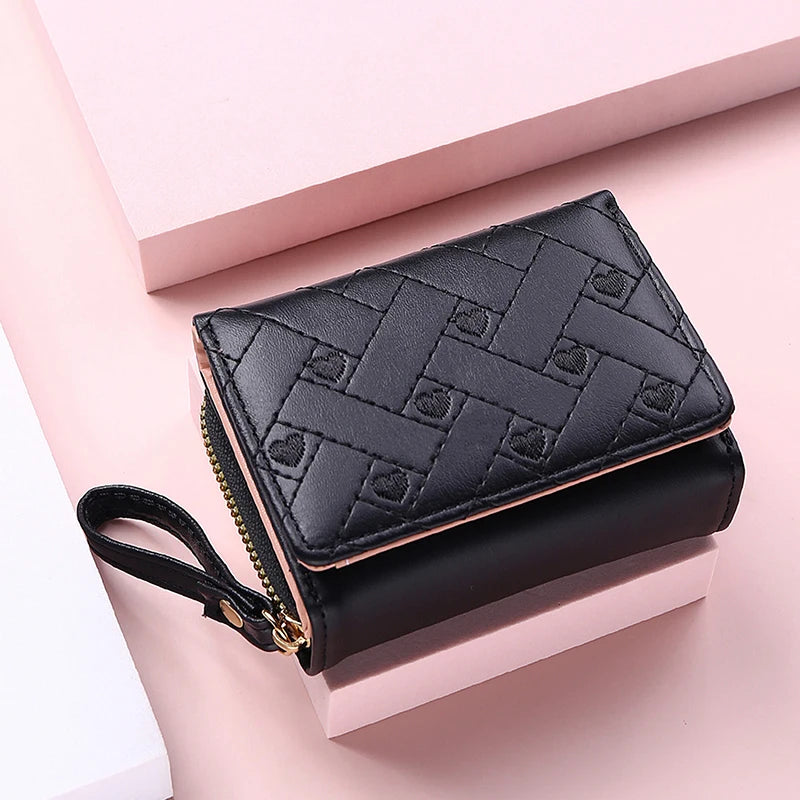 Women's Tri-Fold Wallet – Embroidered Love Pattern, Multi-Slot Card Holder