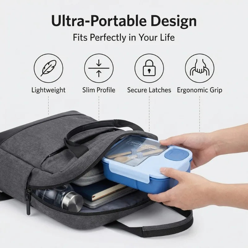 Gray backpack with a blue container being placed inside, featuring icons and text about the backpack's features.