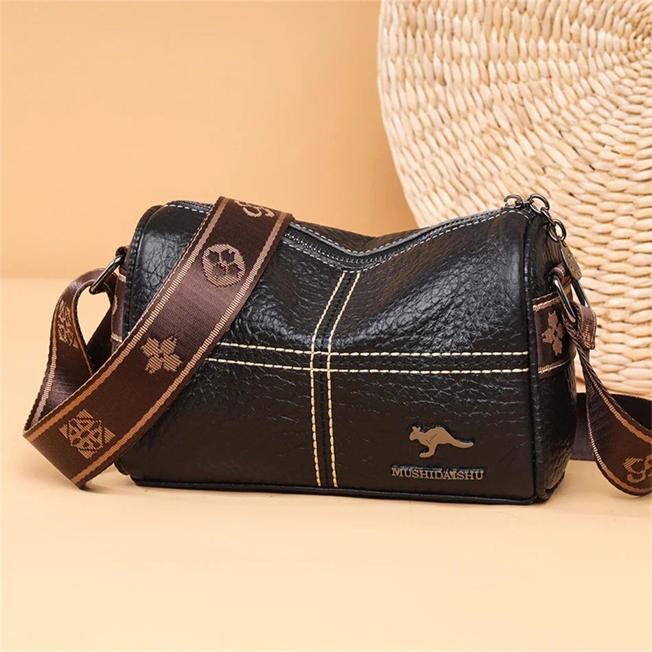 Luxury Genuine Leather Barrel Crossbody Bag – Sequin Shoulder Messenger Bag for Women