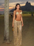 Sexy Sequin Bikini Pants 2-Piece Set | Off-Shoulder Halter, Sleeveless, Holiday Beach Outfit, S-L