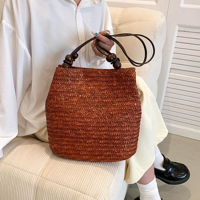 Handmade Straw Rattan Woven Tote Bag – Bohemian Beaded Summer Beach Shoulder Bag for Women