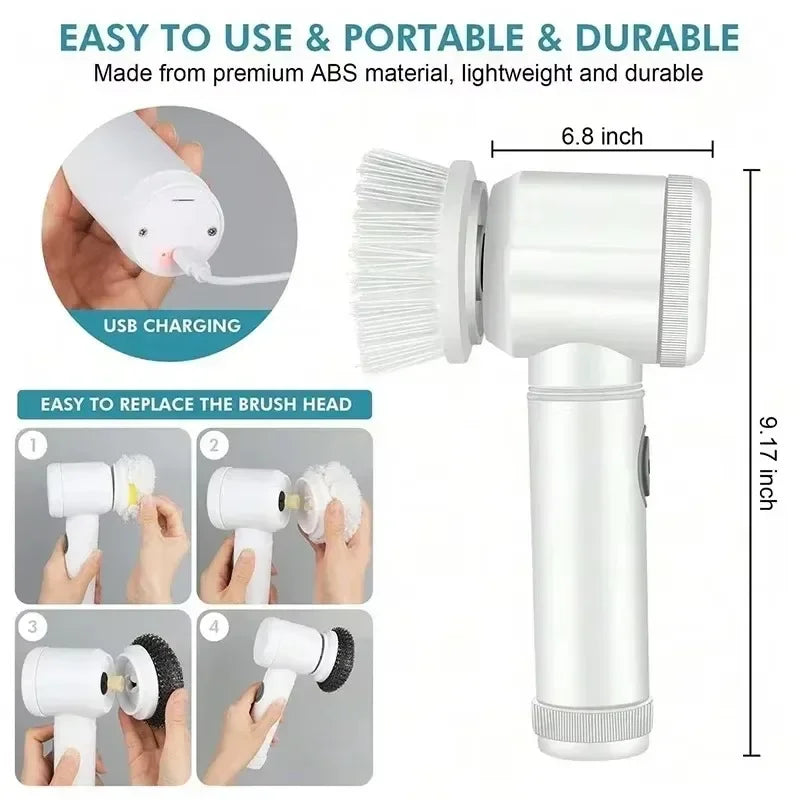 Cordless Spin Scrubber 5-in-1 – USB Rechargeable Electric Cleaning Brush for Bathroom, Kitchen & Tile