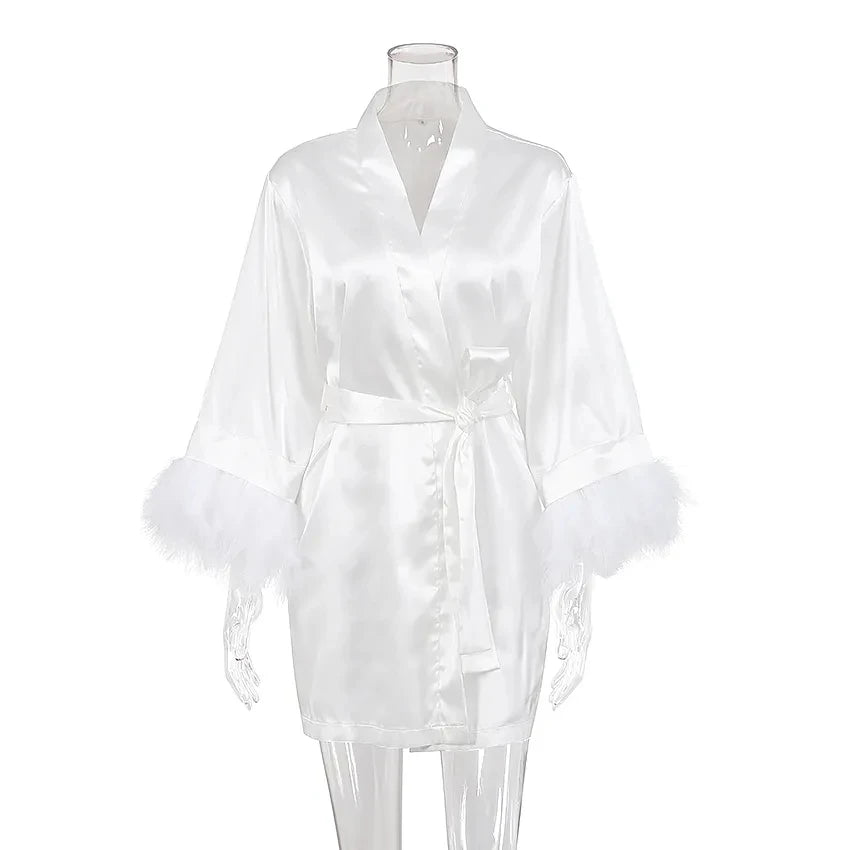 White Feather & Fur Trim Satin Robe | Bridal Nightgown Bathrobe for Women