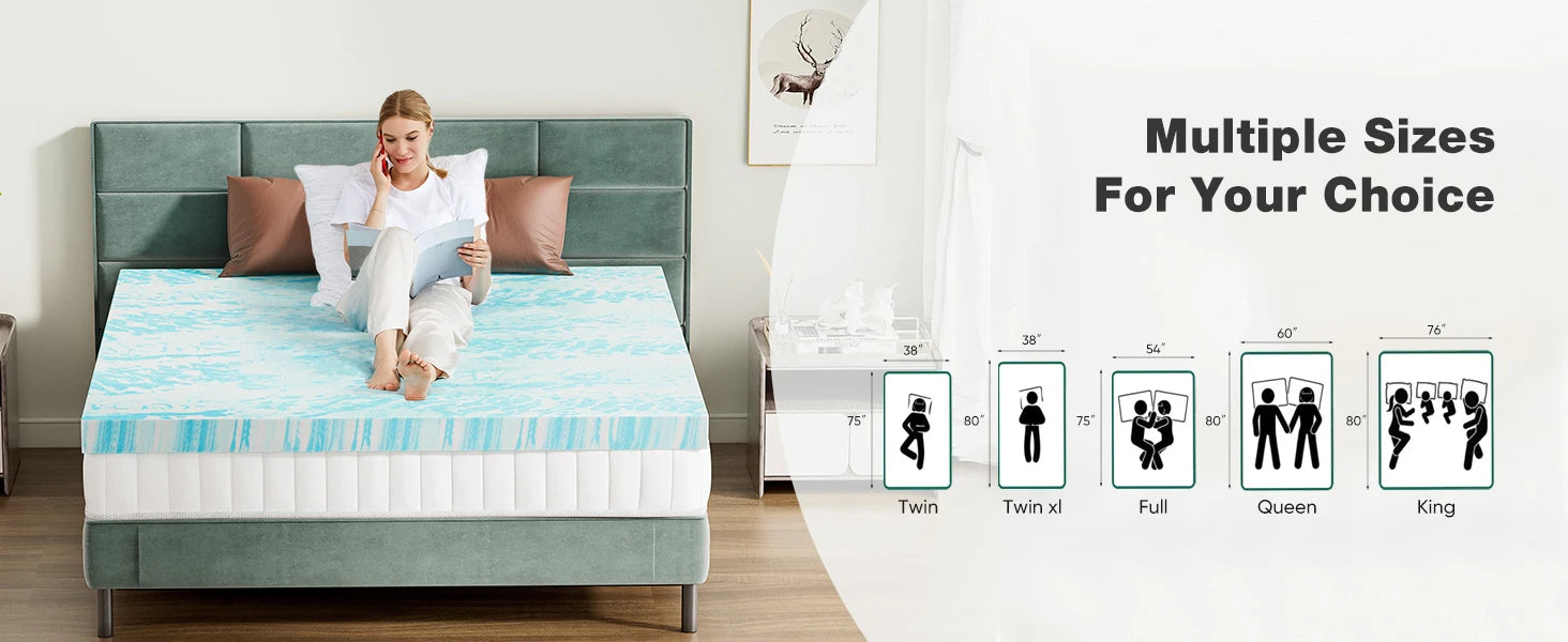 JHK 2"-3" Thick Gel Cooling Memory Foam Mattress Topper – Soft, Breathable Queen Size Bed Topper