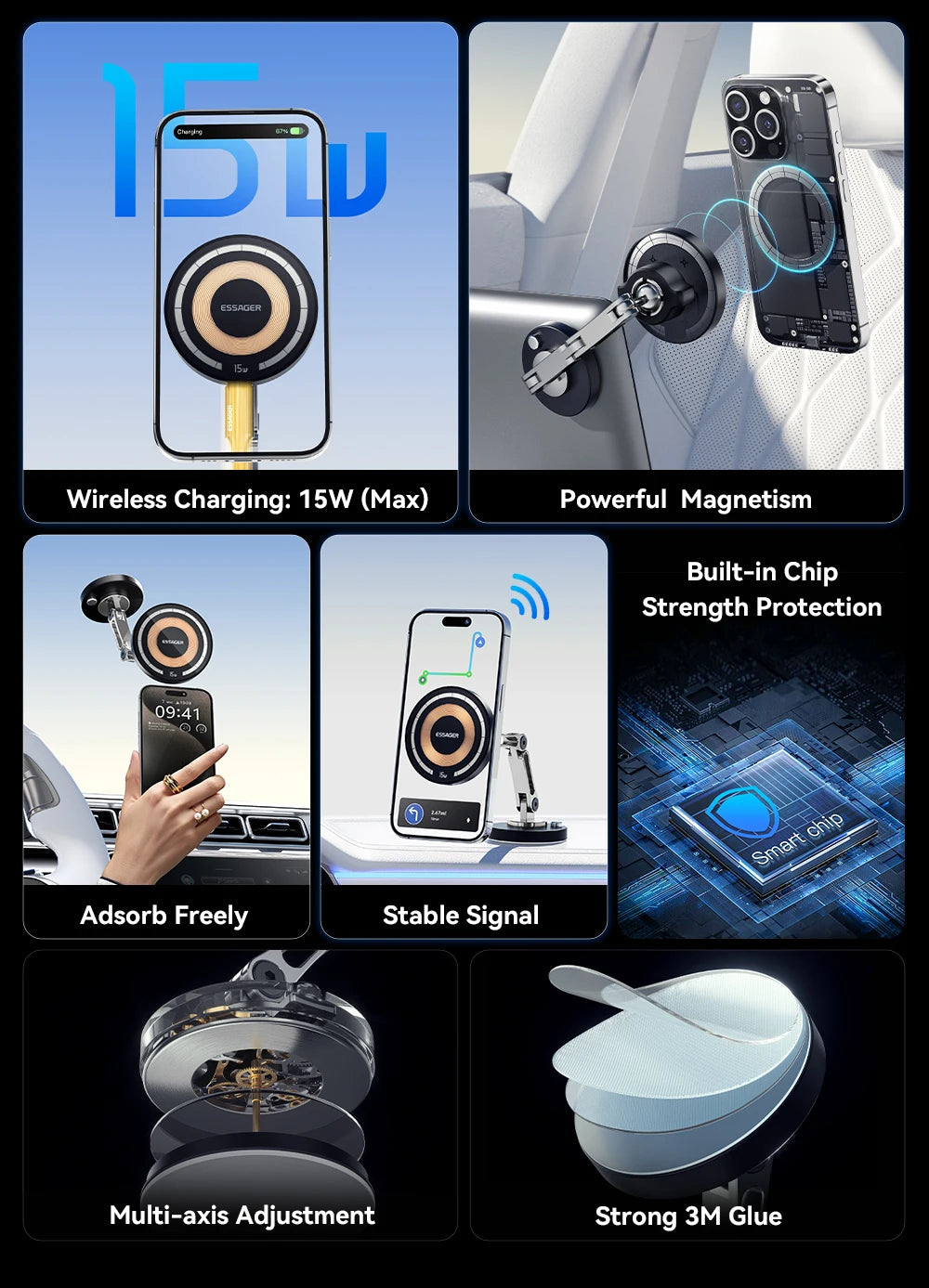 Essager Magnetic Wireless Car Charger & Phone Mount – 15W MagSafe iPhone 15 14 13