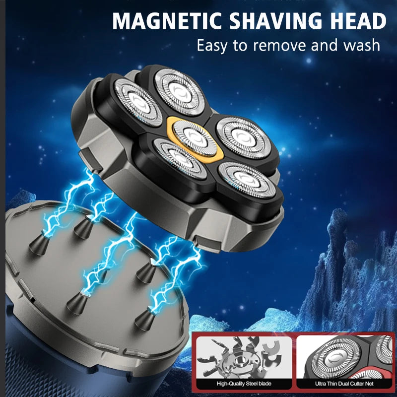 6D Magnetic Head Shaver for Bald Men – IPX8 Waterproof, LED Display, USB-C, 90-Min Charge