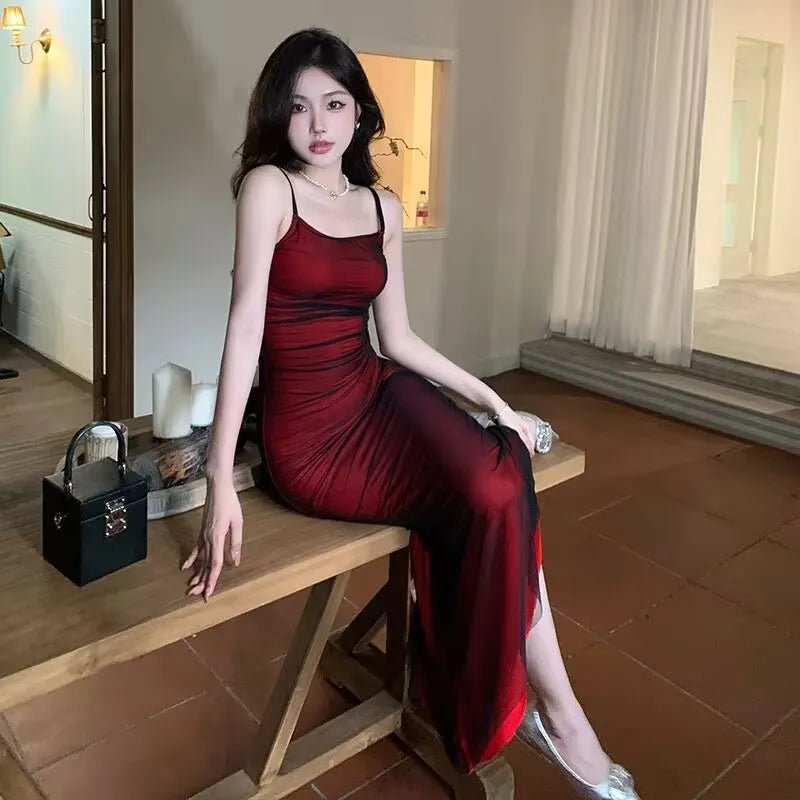 French Corset Maxi Dress — Wine Red Spaghetti Strap Ruched Elegant Evening Dress