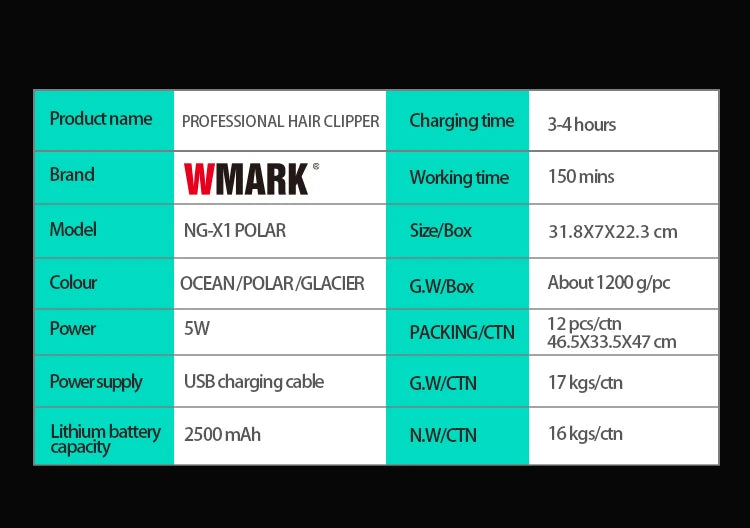 WMARK NG-X1 POLAR Professional Hair Clipper – Vector Motor, 10,000 RPM, DLC Blade, 150-Min