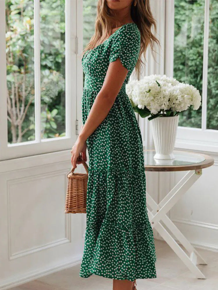 Women's Vintage Floral Puff Sleeve Maxi Beach Dress – Square Collar Casual Long Dress