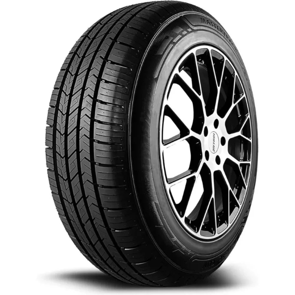 A black Allseasons winter tire with a complex tread pattern, shown mounted on a multi-spoke silver and black alloy wheel against a white background.