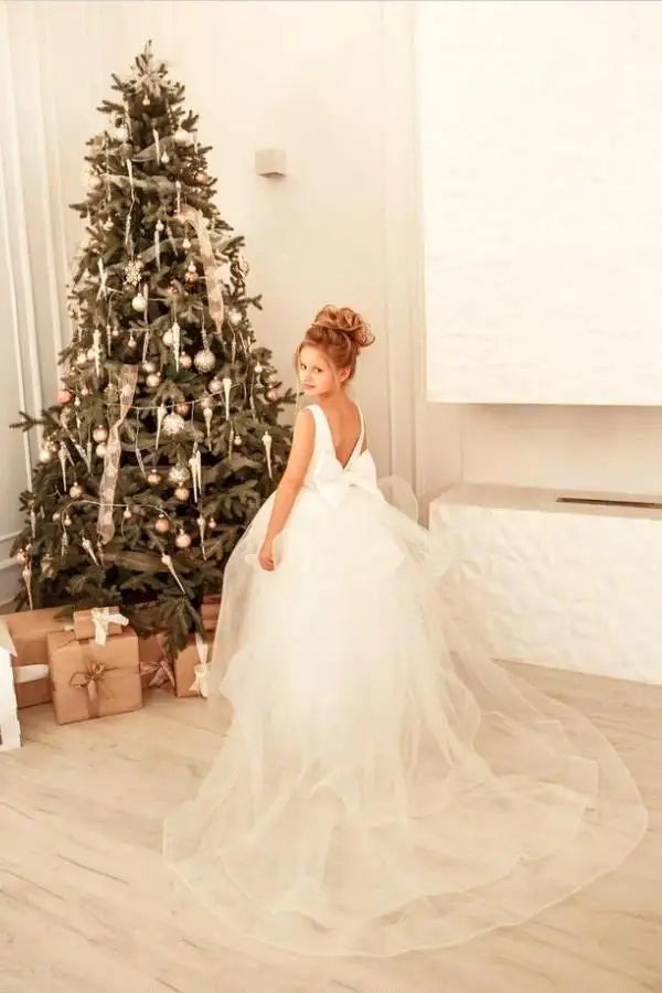 Long Sleeve Flower Girl Dress — White Lace Tulle First Communion & Bridesmaid Dress