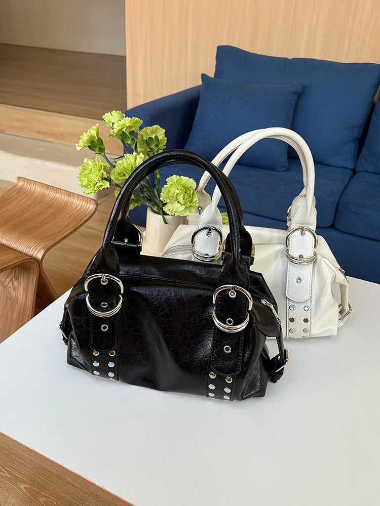 Women's Rivet PU Leather Motorcycle Shoulder Bag – Hot Girl Underarm Handbag in Black & White