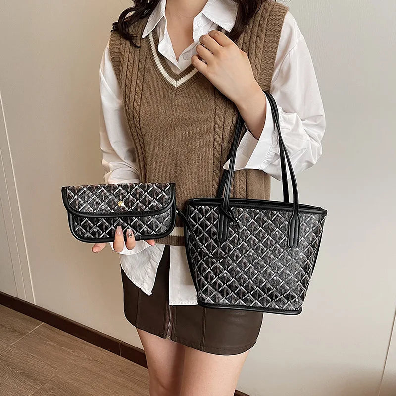 Embroidered Geometric PU Tote Shoulder Bag – Versatile Large Capacity Shopping Class Bag for Women