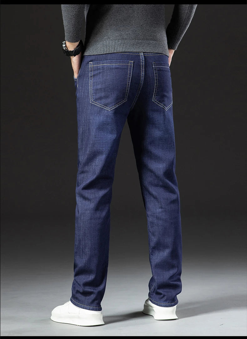 Men's Fleece-Lined Straight Denim Jeans — Warm Thick Winter Stretch Jeans