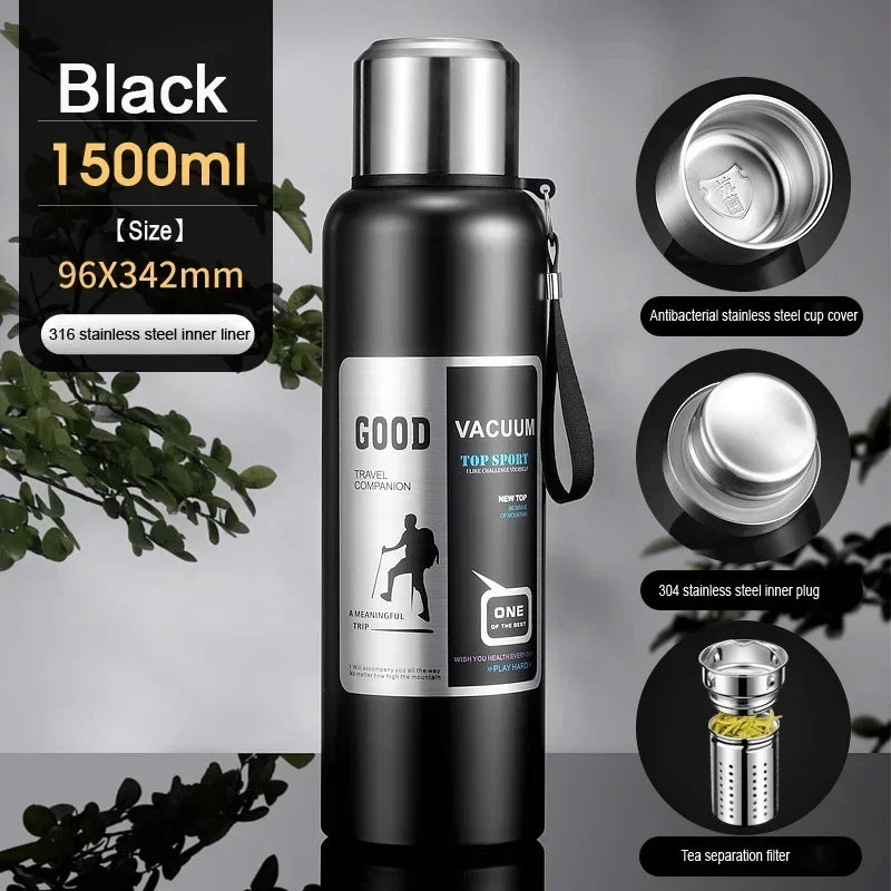 CZSAE 316 SS Vacuum Thermos Tumbler – Bullet Shape, 12–24Hr Insulated, 600ml–2000ml, Silver & Black, CE Certified