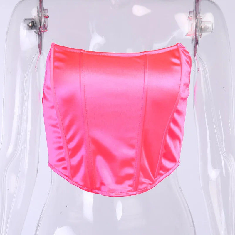 Women's Off-Shoulder Corset Crop Top – Sleeveless Backless Bustier Vest in Red, Black & Pink