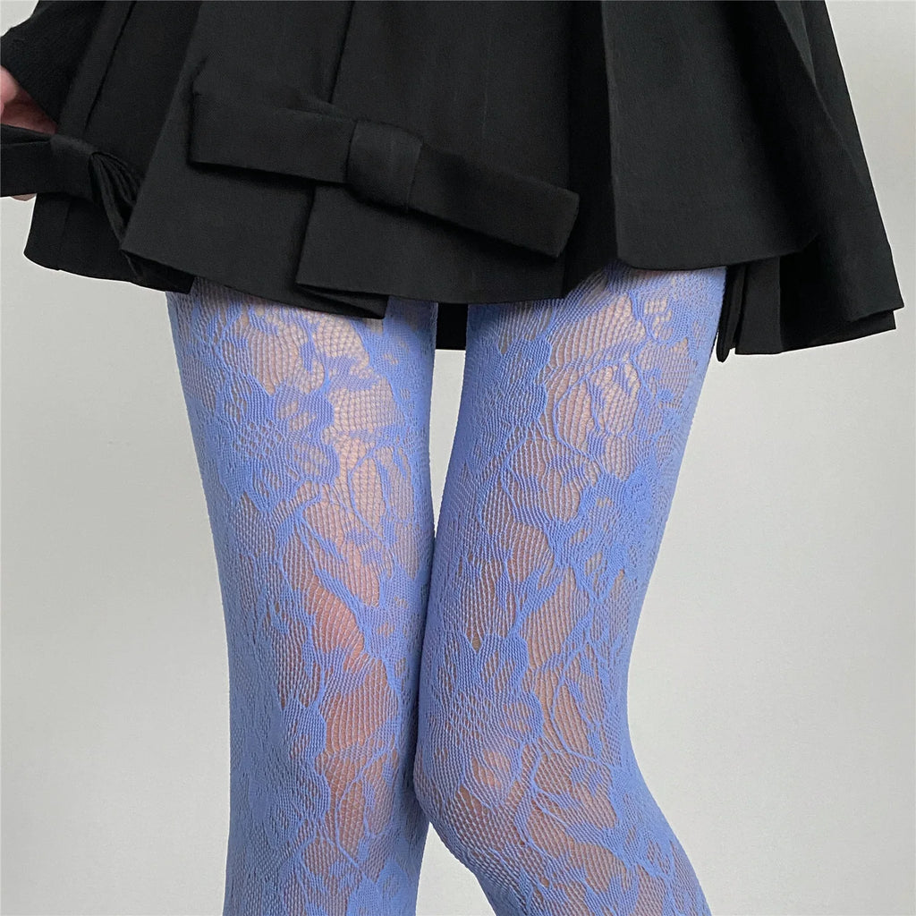 Lolita Floral Thigh-High Fishnet Stockings — Sheer Patterned Hosiery
