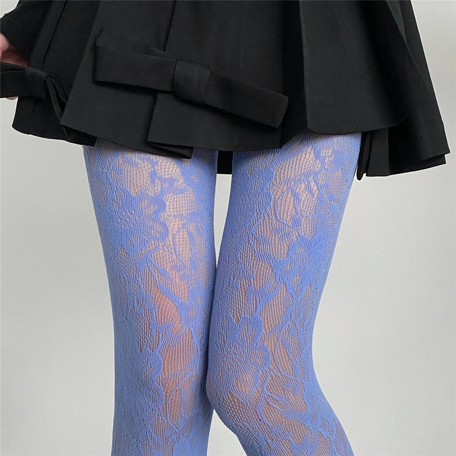Lolita Floral Thigh-High Fishnet Stockings — Sheer Patterned Hosiery