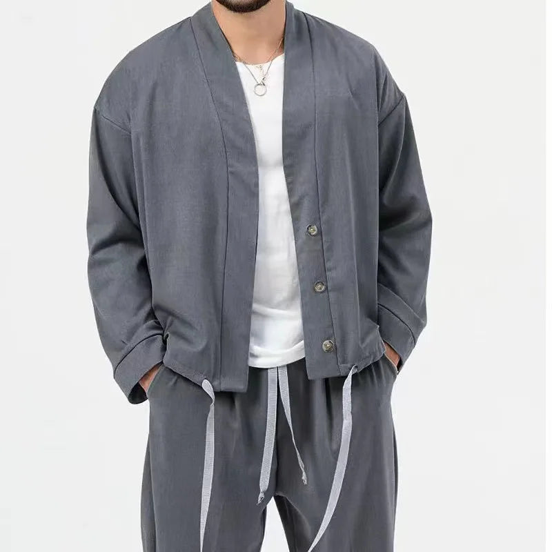 Men's Business Casual Sporty Long Sleeve Jacket & Pants Set – Pure Color Loose Spring Autumn Suit