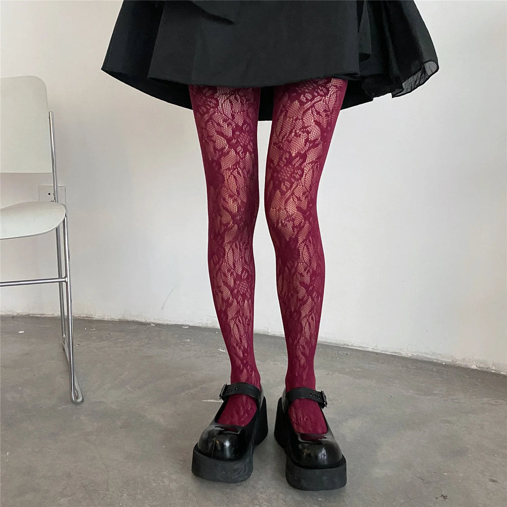 Lolita Floral Thigh-High Fishnet Stockings — Sheer Patterned Hosiery
