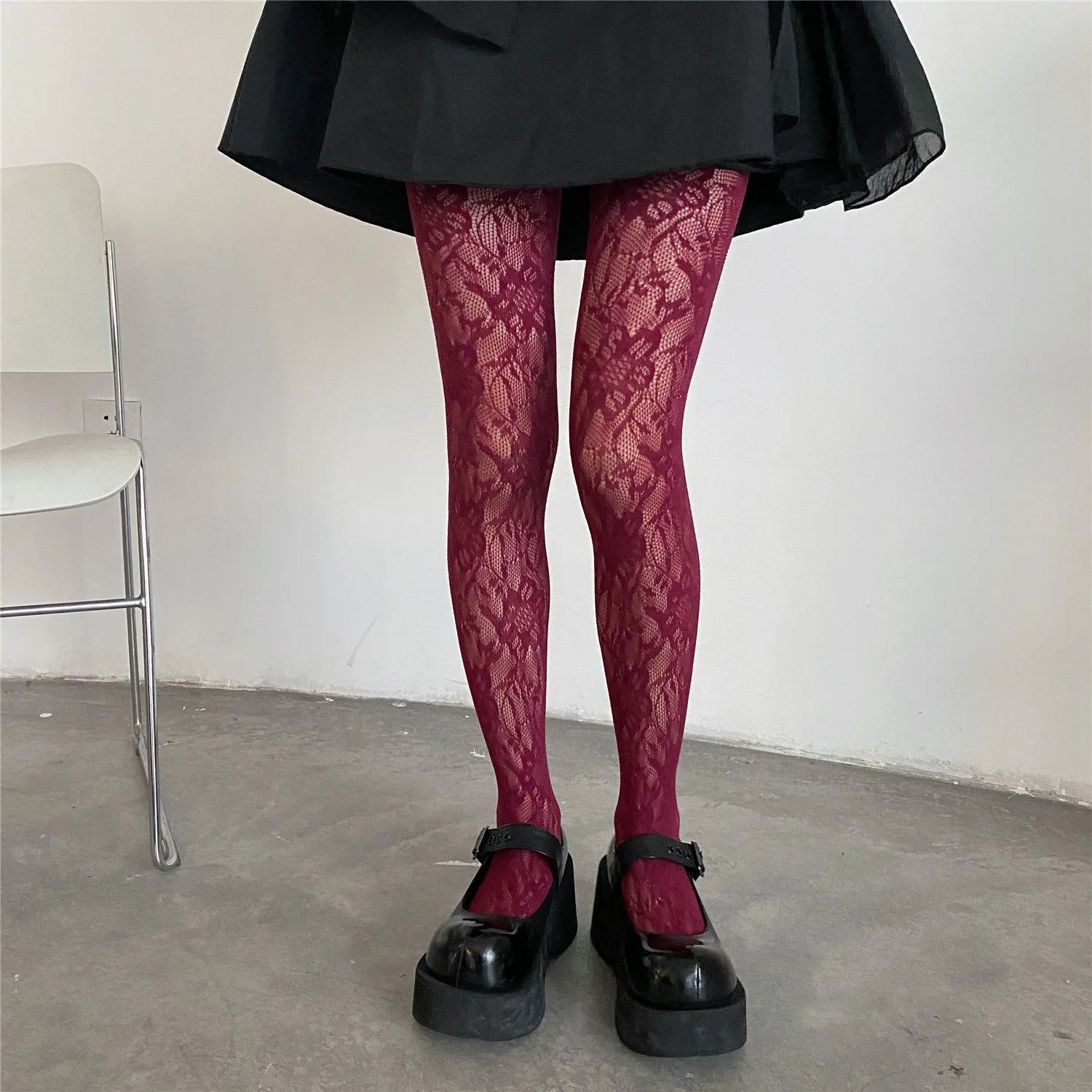 Lolita Floral Thigh-High Fishnet Stockings — Sheer Patterned Hosiery