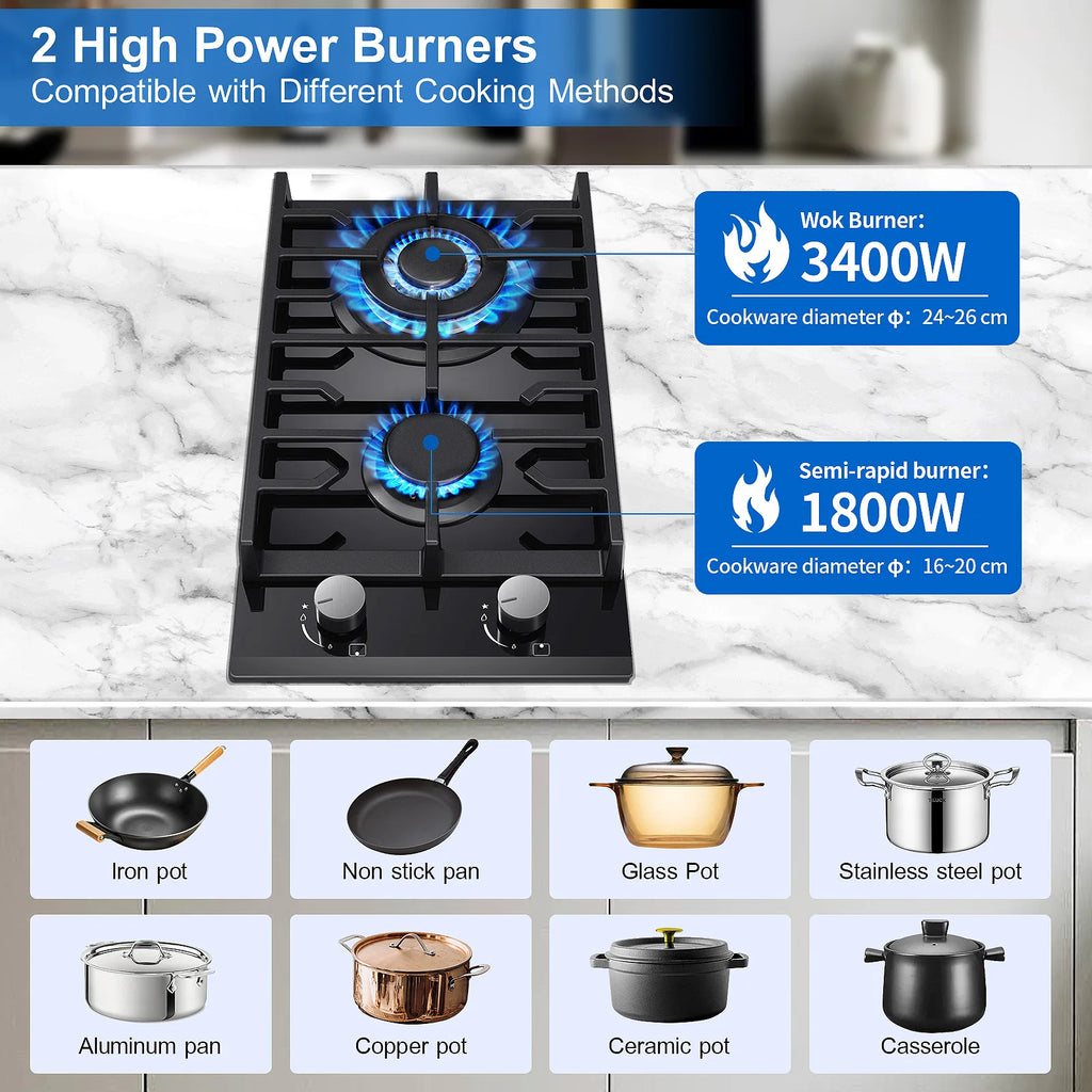 EU Certified 2-Burner Gas Hob – 30cm Tempered Glass, Dual Fuel NG/LPG, 5200W, Flame Failure Safety, Black