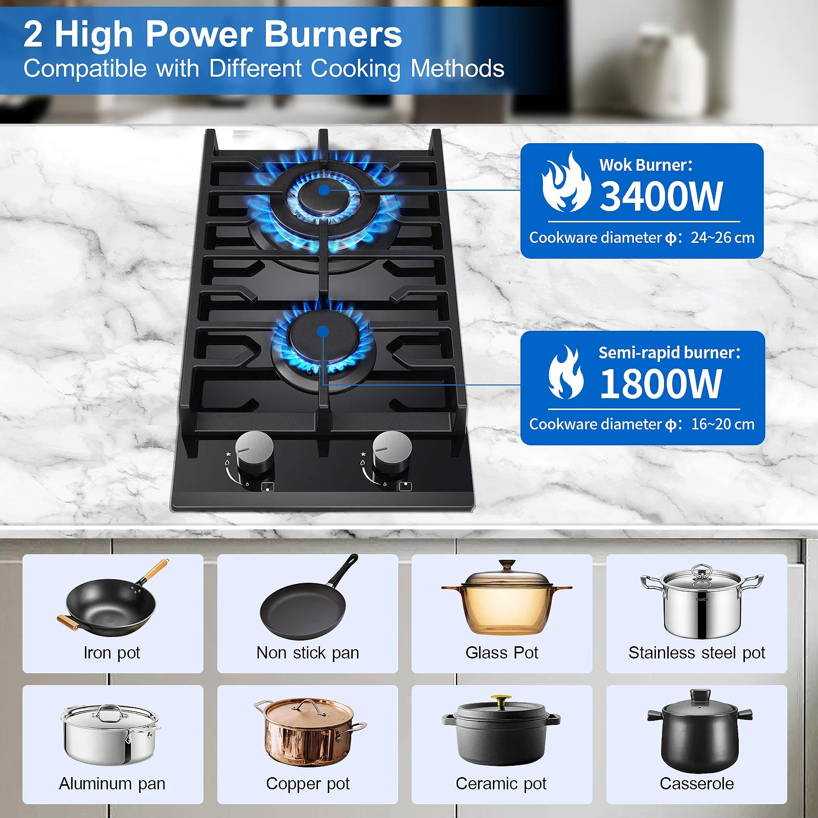 EU Certified 2-Burner Gas Hob – 30cm Tempered Glass, Dual Fuel NG/LPG, 5200W, Flame Failure Safety, Black