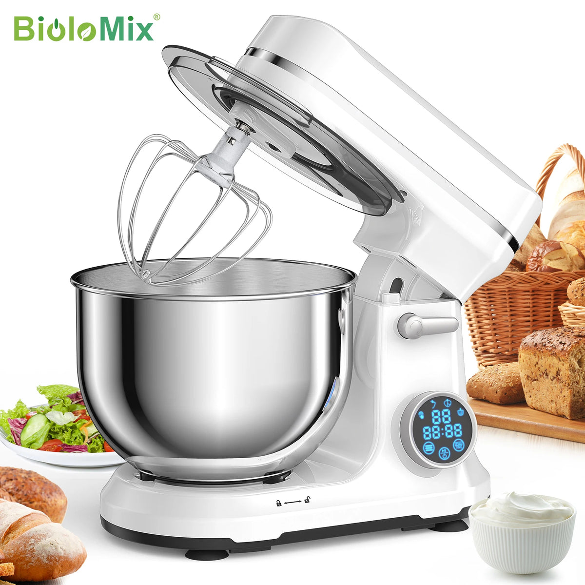 BioloMix 1200W Kitchen Stand Mixer – 11-Speed DC Motor, OLED Display, Dough Hook & Whisk Included