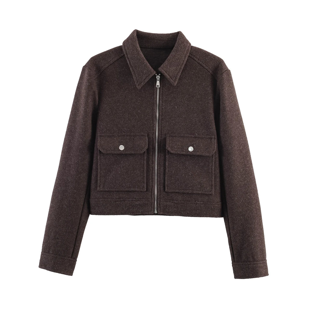 Women's Short Zip-Up Jacket Coat – Elegant Street Outerwear with Pockets