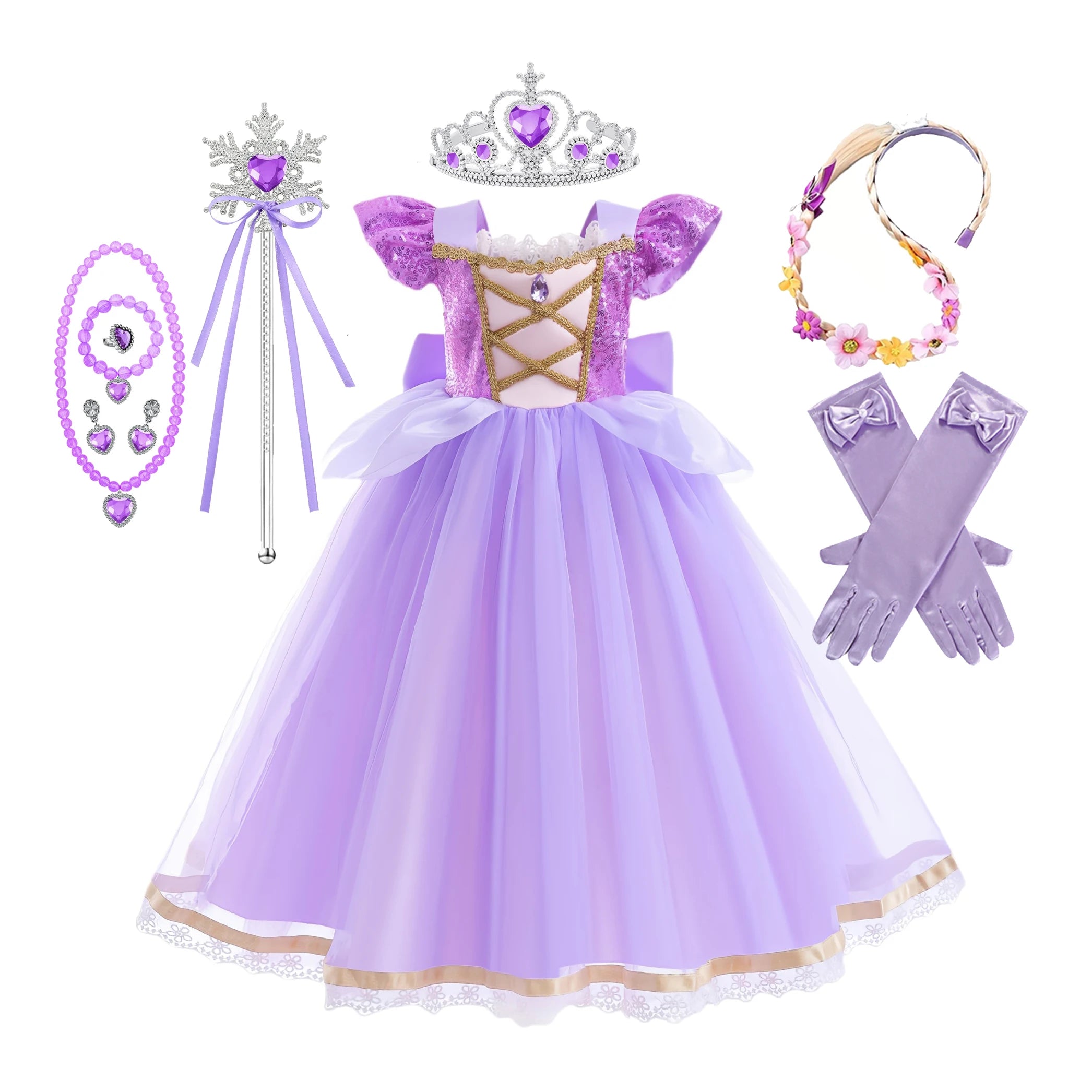 Girls Rapunzel Princess Costume Dress — Purple Puffy Halloween & Birthday Party Dress
