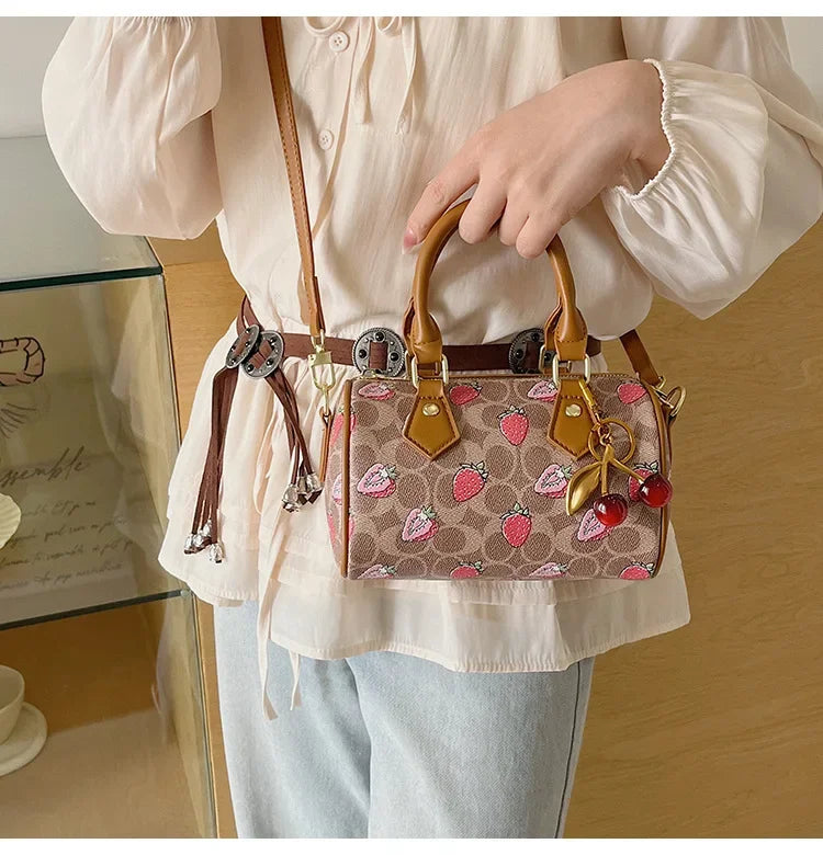 Cherry Print PU Leather Boston Crossbody Shoulder Bag – Luxury Designer Handbag for Women